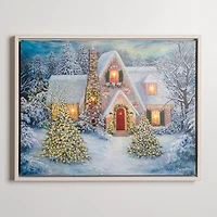 LED Snowy Christmas House Canvas Art Print