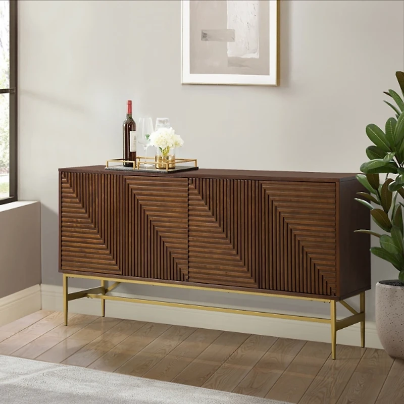 Walnut and Gold Linear Cabinet