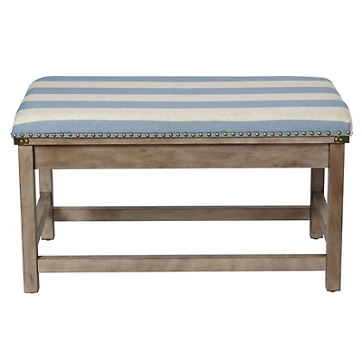 Blue and White Striped Upholstered Wood Bench