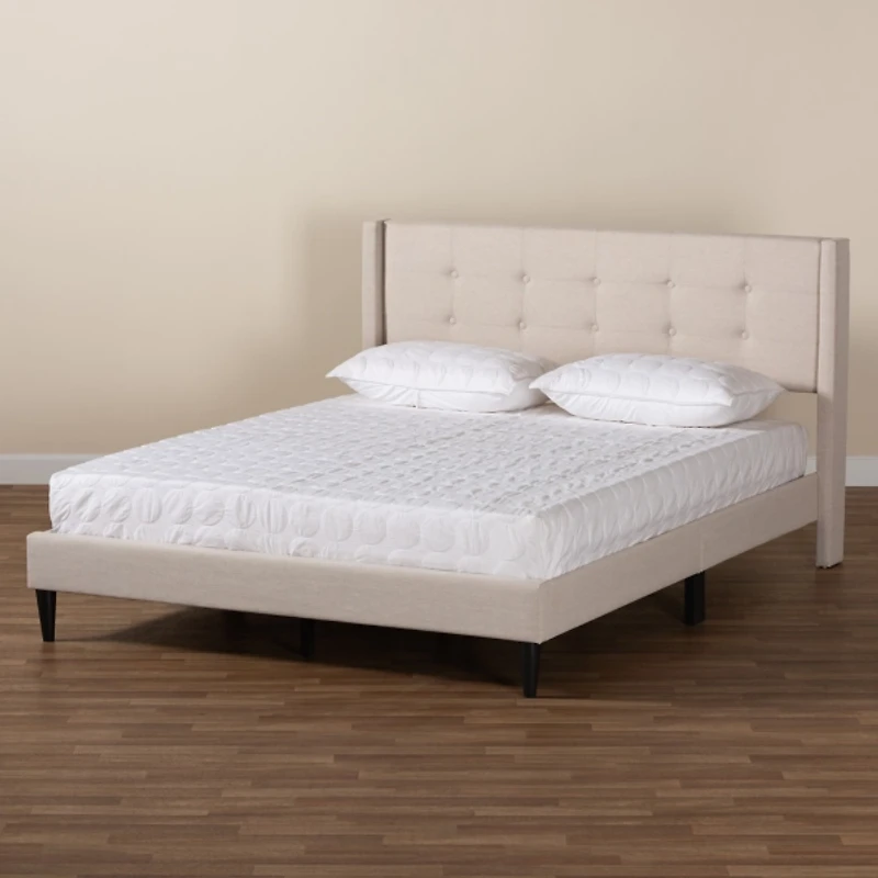 Beige Button Tufted Headboard Queen Bed Frame