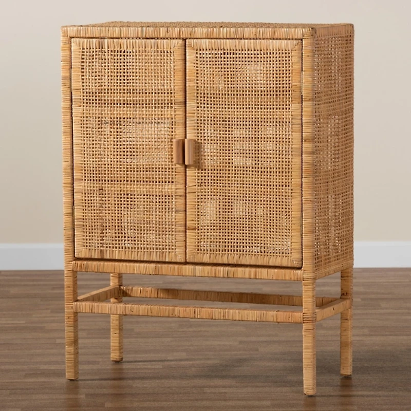 Tan Woven Rattan and Wood Cabinet