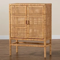 Tan Woven Rattan and Wood Cabinet