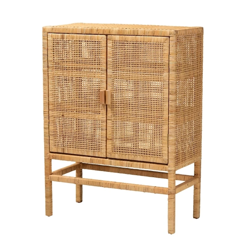 Tan Woven Rattan and Wood Cabinet