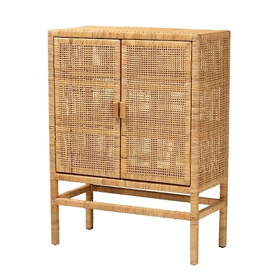 Tan Woven Rattan and Wood Cabinet