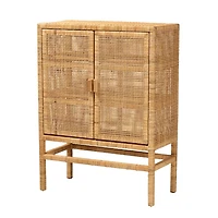 Tan Woven Rattan and Wood Cabinet