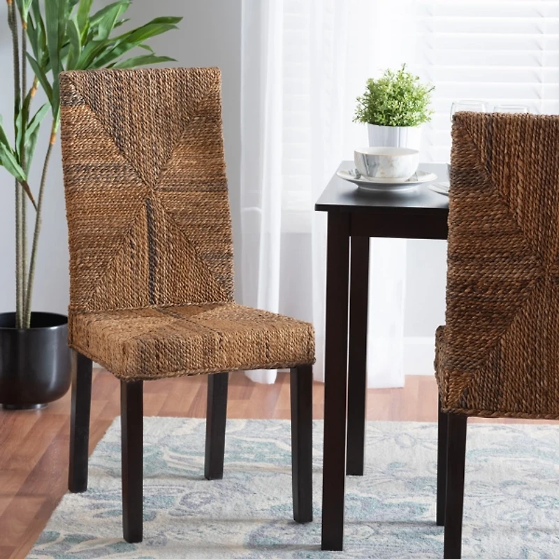 Woven Banana Fiber and Mahogany Dining Chair