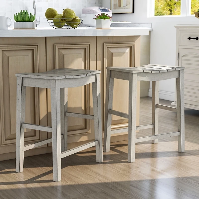 Whitewashed Saddle Seat Counter Stools, Set of 2