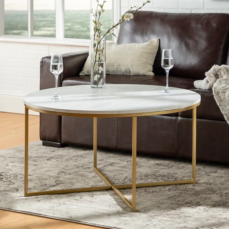 White Faux Marble & Gold X-Base Coffee Table
