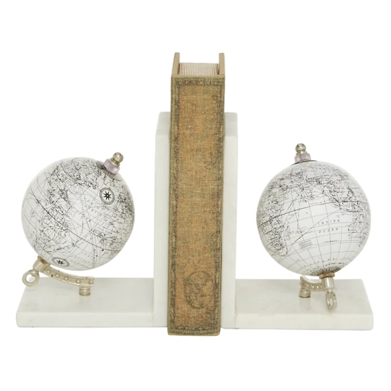 White Marble Globe Bookends, Set of 2
