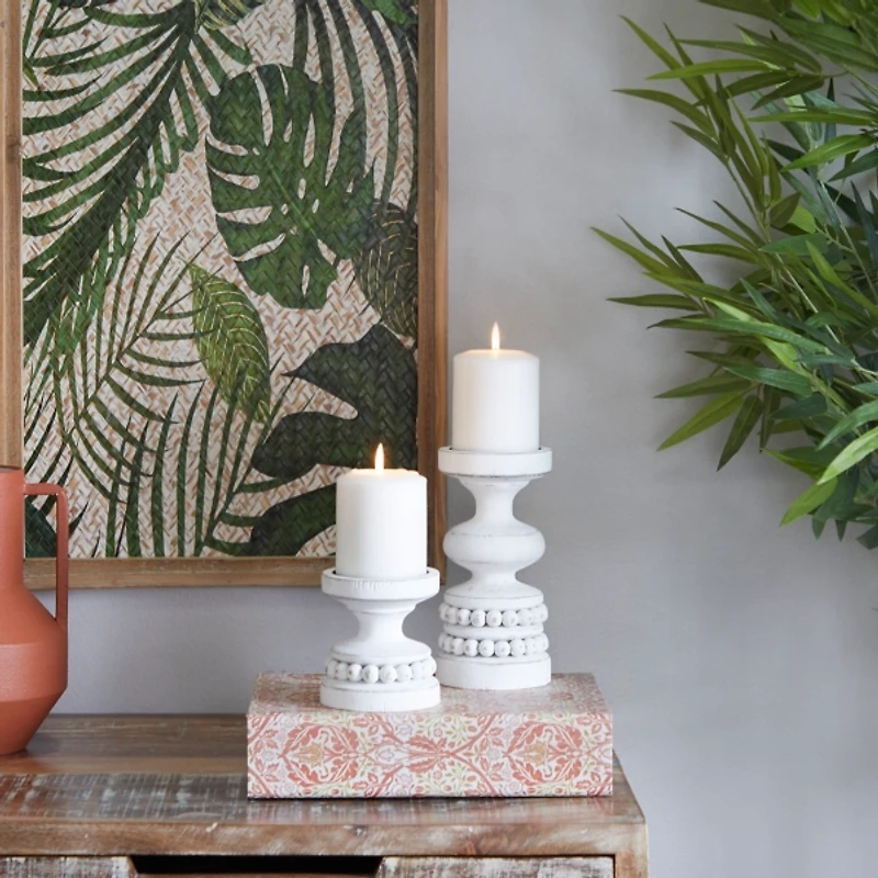 White Wood Beaded Pillar Candle Holders, Set of 2