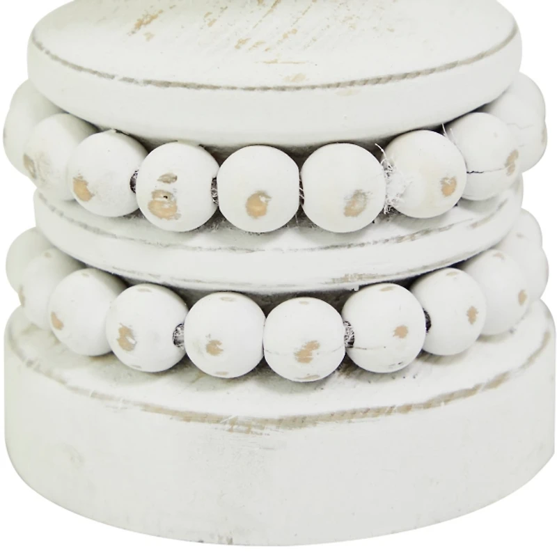 White Wood Beaded Pillar Candle Holders, Set of 2