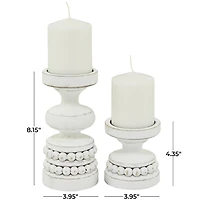 White Wood Beaded Pillar Candle Holders, Set of 2