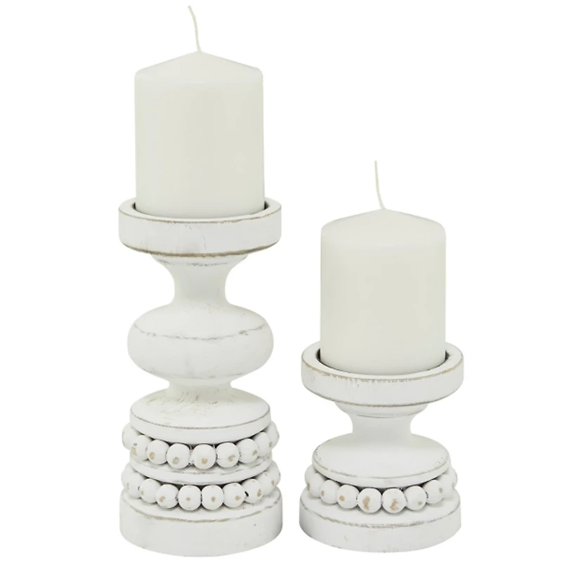 White Wood Beaded Pillar Candle Holders, Set of 2