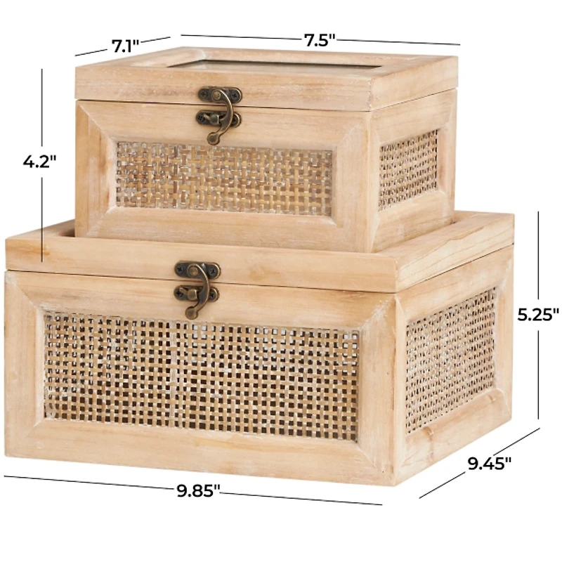 Natural Rattan and Glass Top Boxes, Set of 2