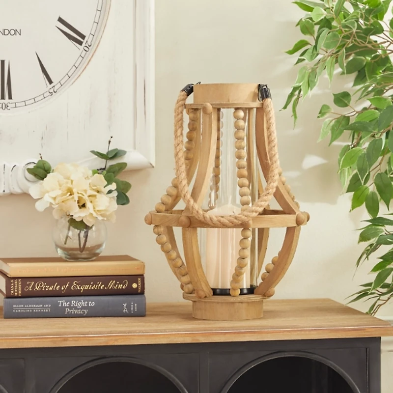 Natural Wood Beaded Teardrop Lantern