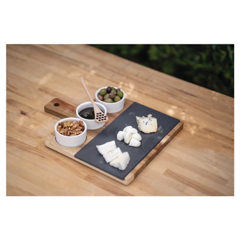 3-Bowl Slate and Wood Serving Board