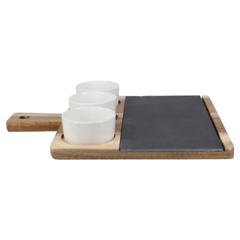 3-Bowl Slate and Wood Serving Board