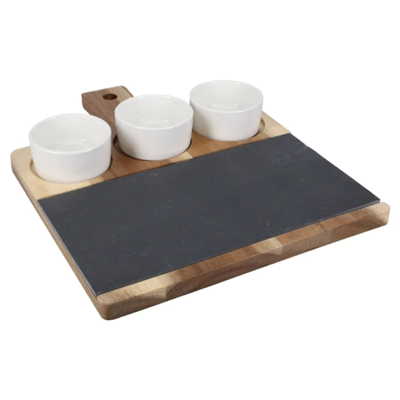 3-Bowl Slate and Wood Serving Board