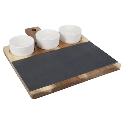 3-Bowl Slate and Wood Serving Board