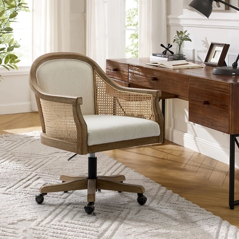 Ivory Rattan Swivel Office Chair