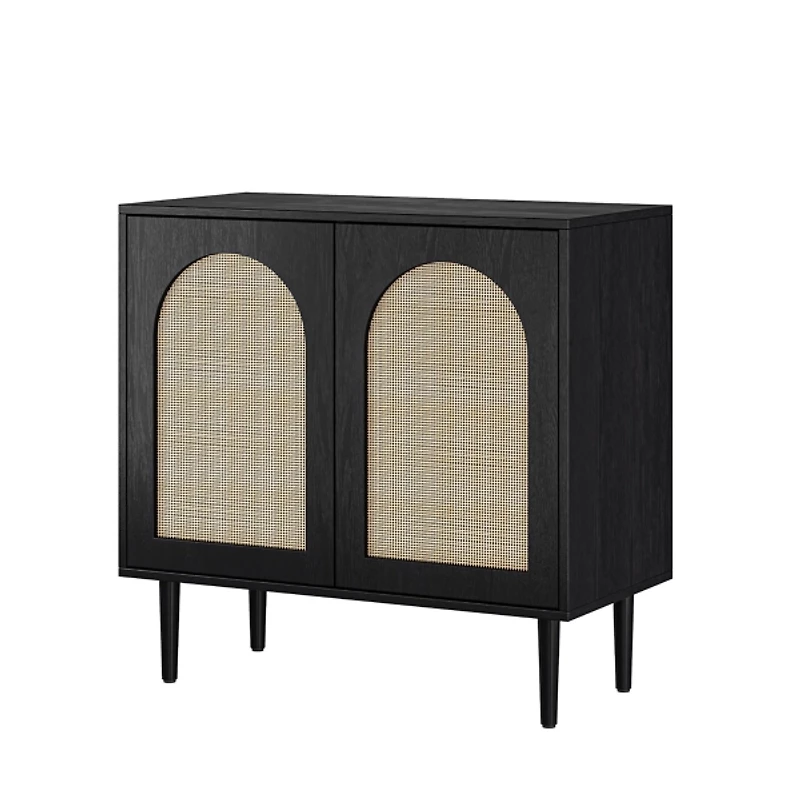 Black Wood and Arched Rattan 2-Door Cabinet