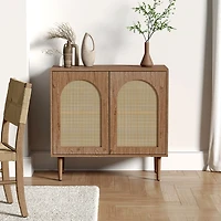 Oak Wood and Arched Rattan 2-Door Cabinet