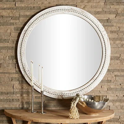 Round Whitewash Beaded Wall Mirror