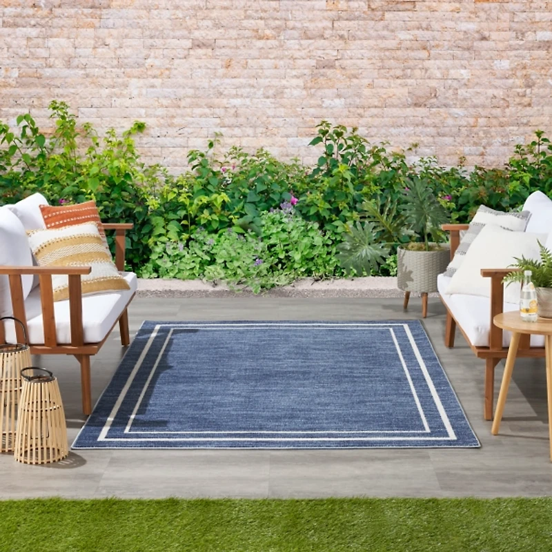 Navy Bordered Indoor/Outdoor Area Rug