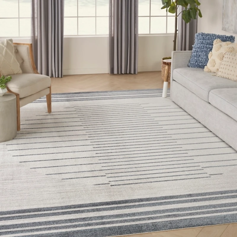 Blue and Ivory Striped Moon Area Rug, 9x12