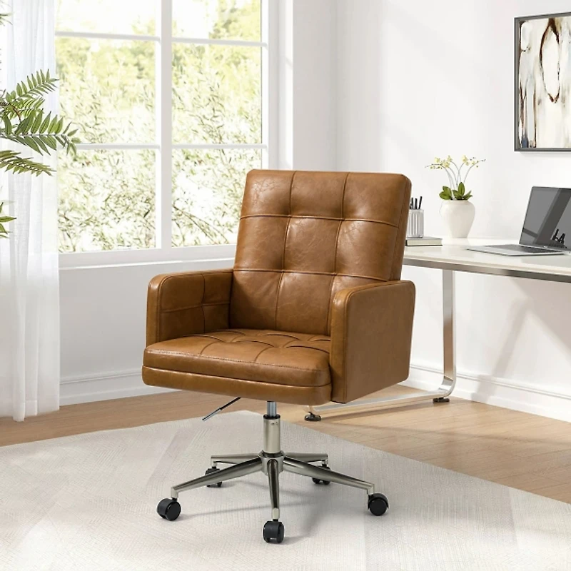 Camel Tufted Faux Leather Swivel Office Chair