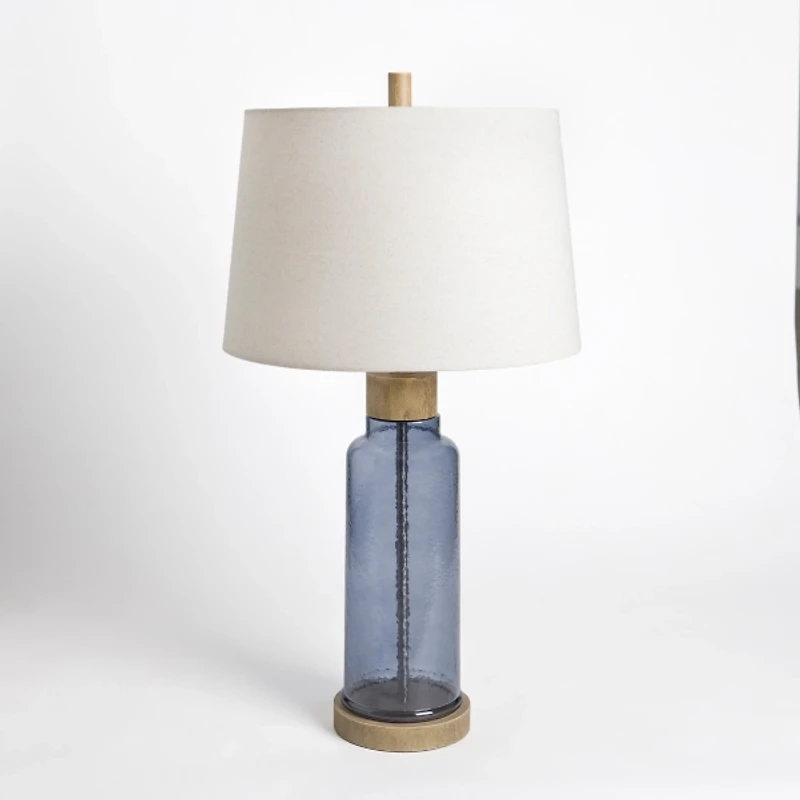 Blue Glass with Wood Trim Table Lamp