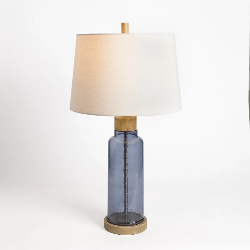 Blue Glass with Wood Trim Table Lamp