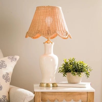 Cream Ceramic Table Lamp With Woven Shade