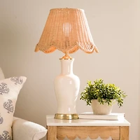 Cream Ceramic Table Lamp With Woven Shade
