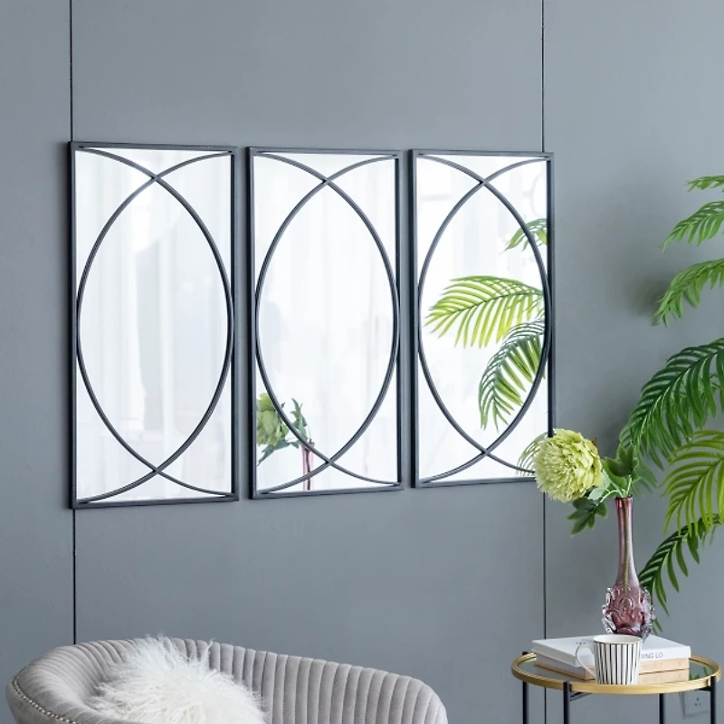 Black Metal Geometric Wall Mirrors, Set of 3