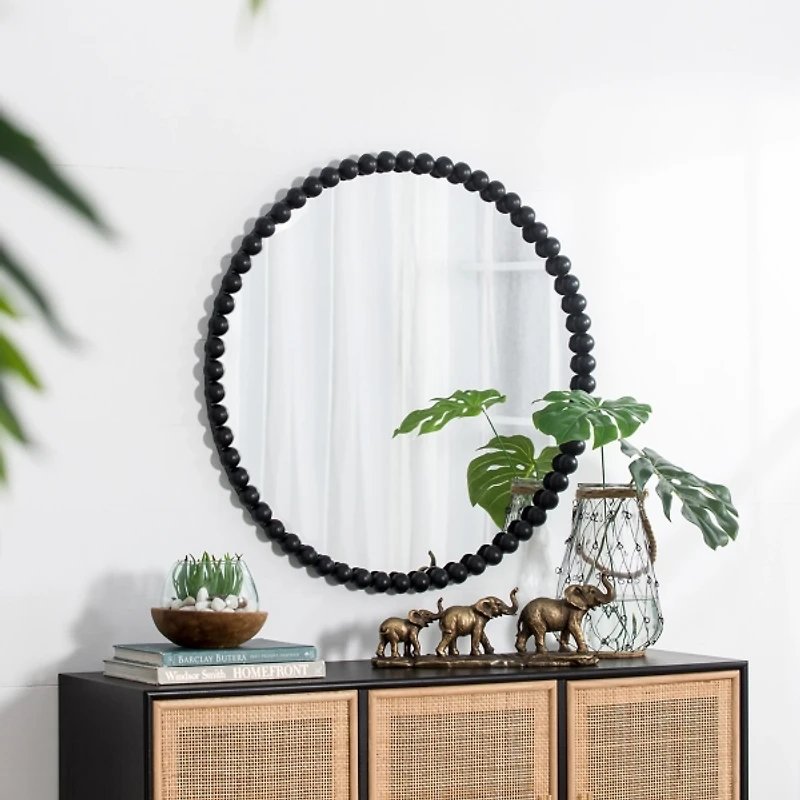 Black Metal Round Beaded Wall Mirror
