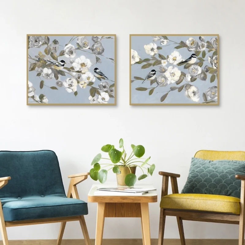 Chickadee Blossoms Framed Canvas Prints, Set of 2