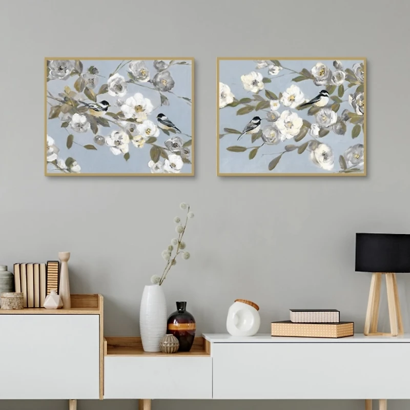 Chickadee Blossoms Framed Canvas Prints, Set of 2