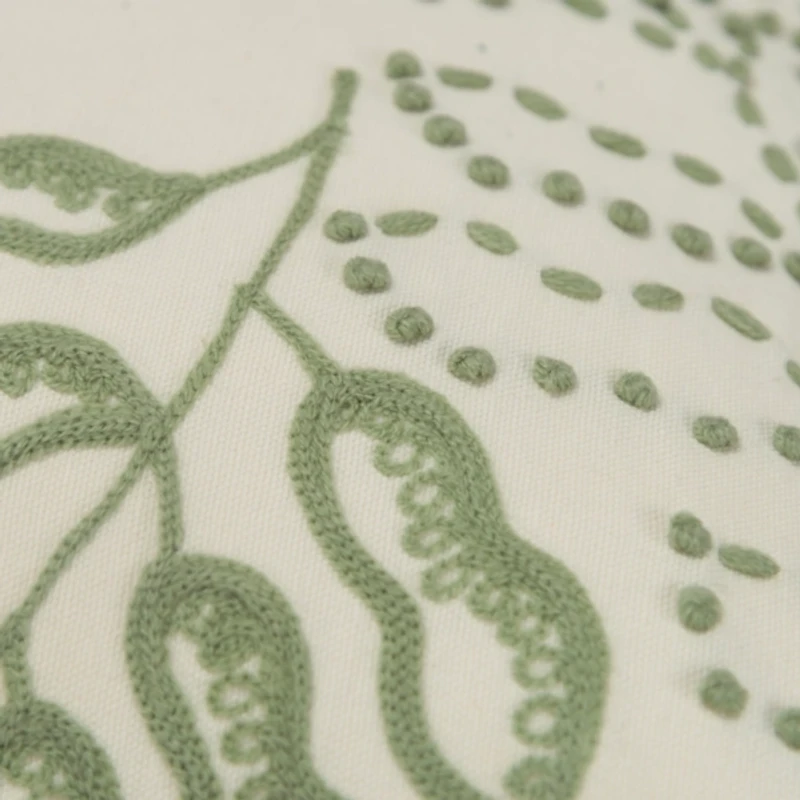 Green Embroidered Botanical Lumbar Pillow
