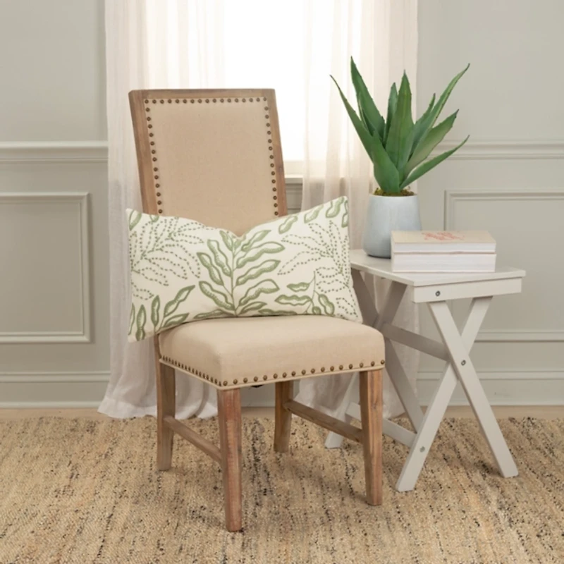 Green Embroidered Botanical Lumbar Pillow