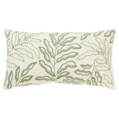 Green Embroidered Botanical Lumbar Pillow