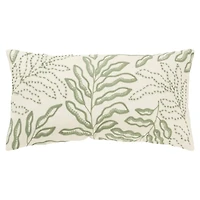 Green Embroidered Botanical Lumbar Pillow