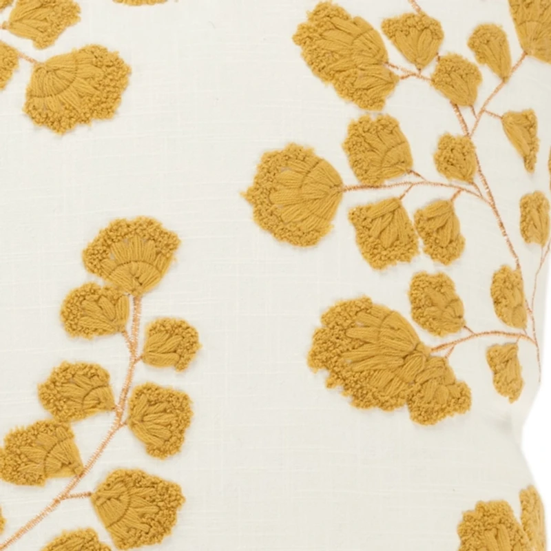 Mustard Yellow Embroidered Floral Throw Pillow