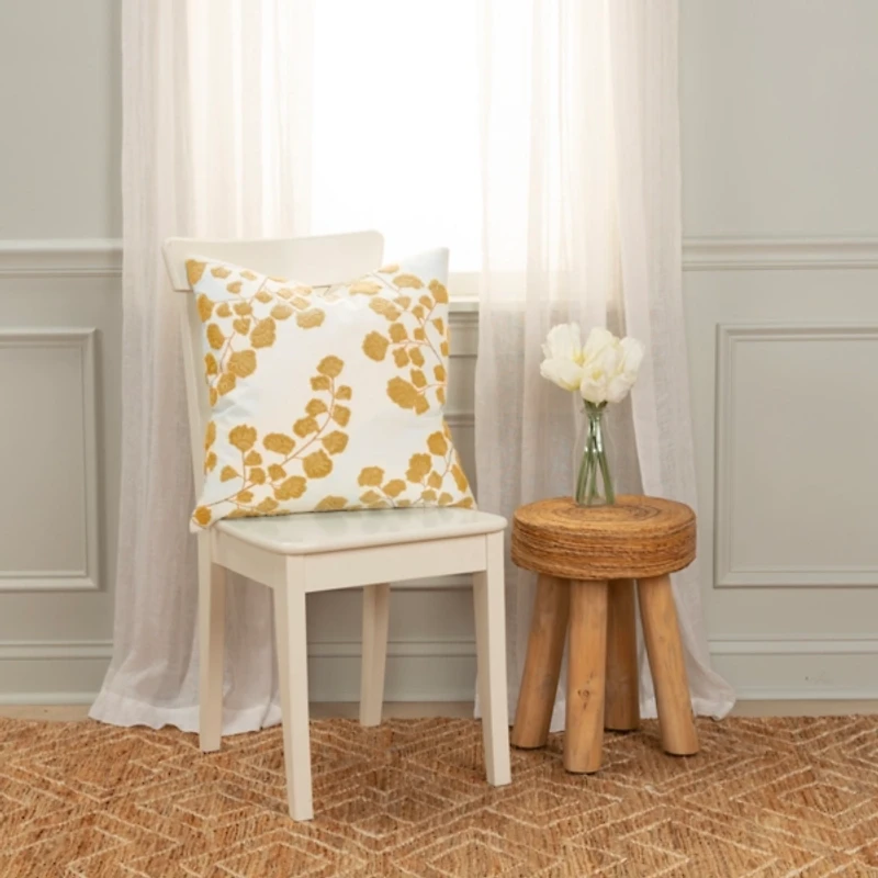 Mustard Yellow Embroidered Floral Throw Pillow