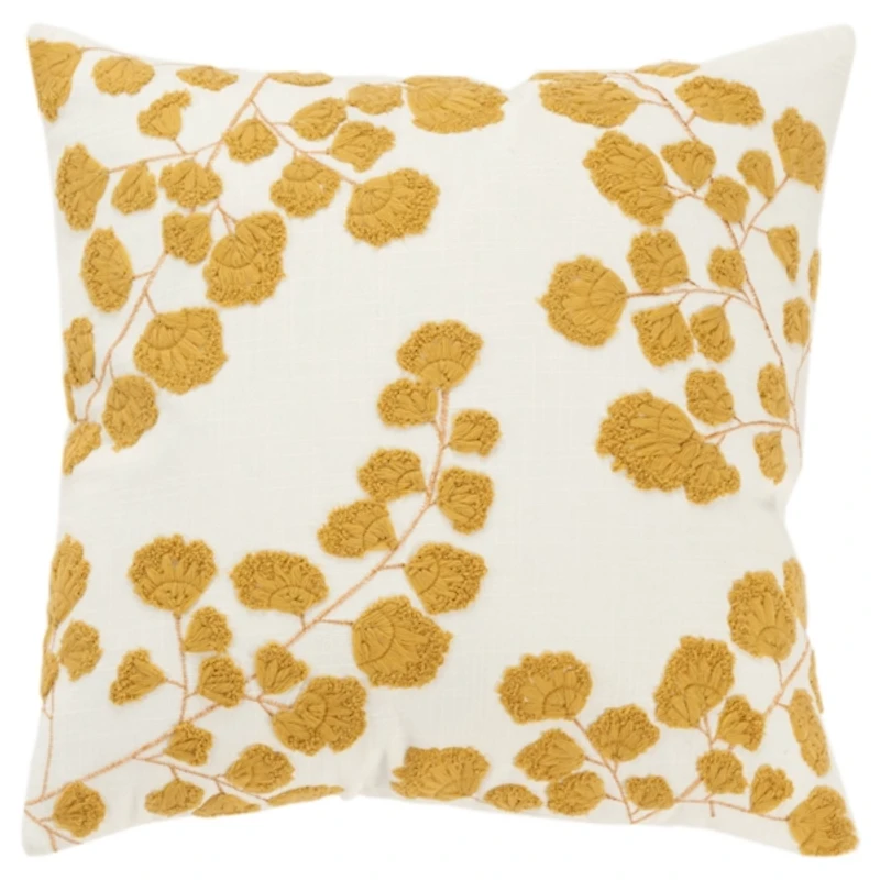Mustard Yellow Embroidered Floral Throw Pillow