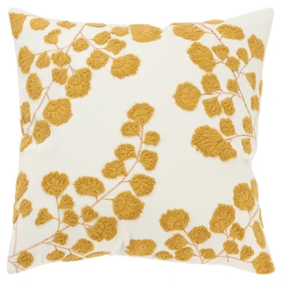 Mustard Yellow Embroidered Floral Throw Pillow