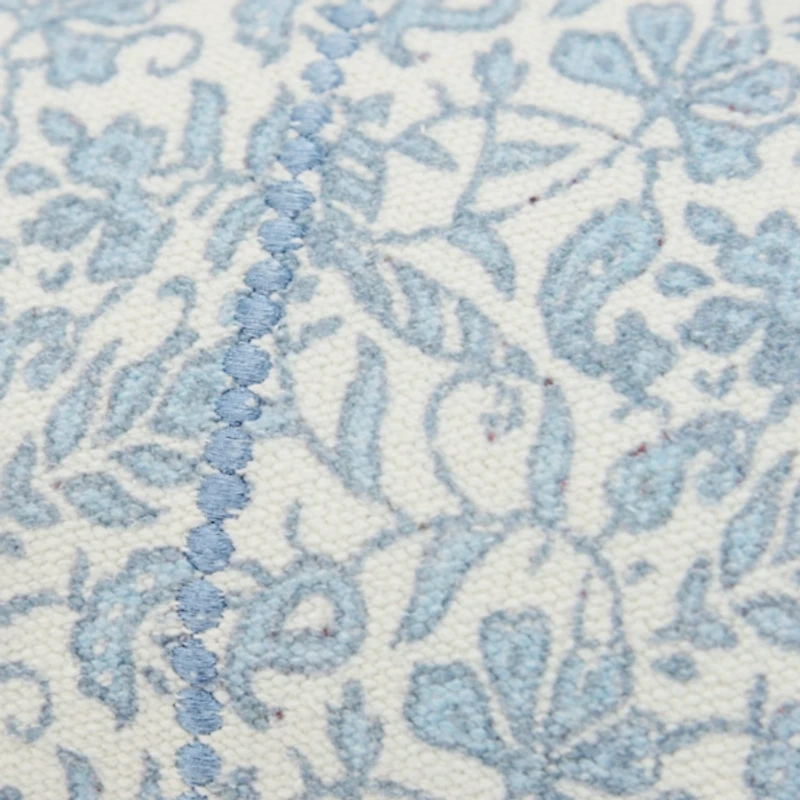 Blue and Ivory Floral Print Lumbar Pillow