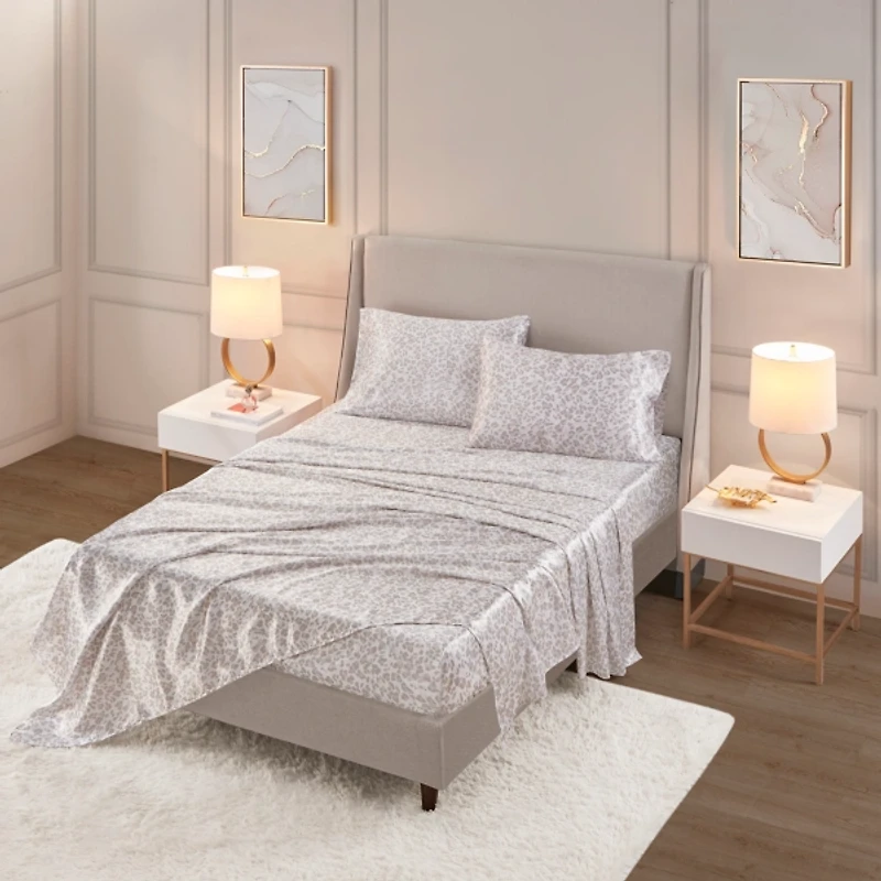 Taupe Leopard Print Satin 3-pc. Twin Sheet Set