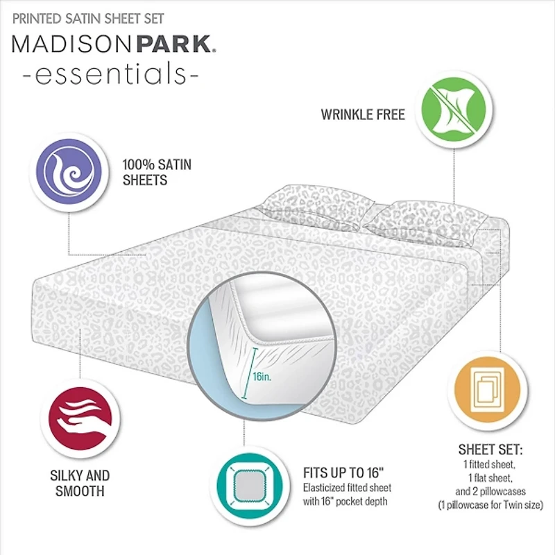 Taupe Leopard Print Satin 3-pc. Twin Sheet Set