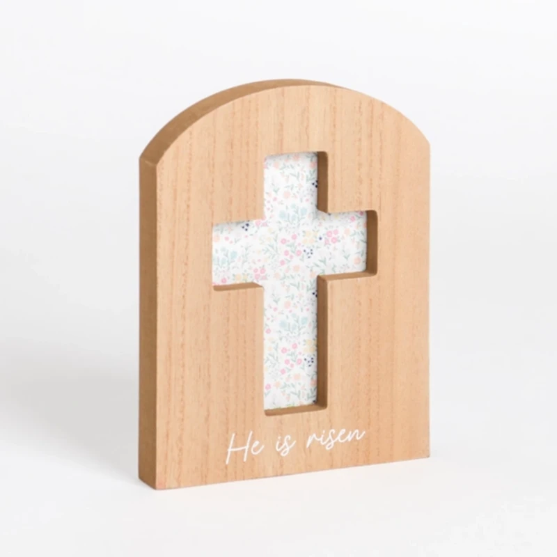 Floral He is Risen Cross Easter Tabletop Sign